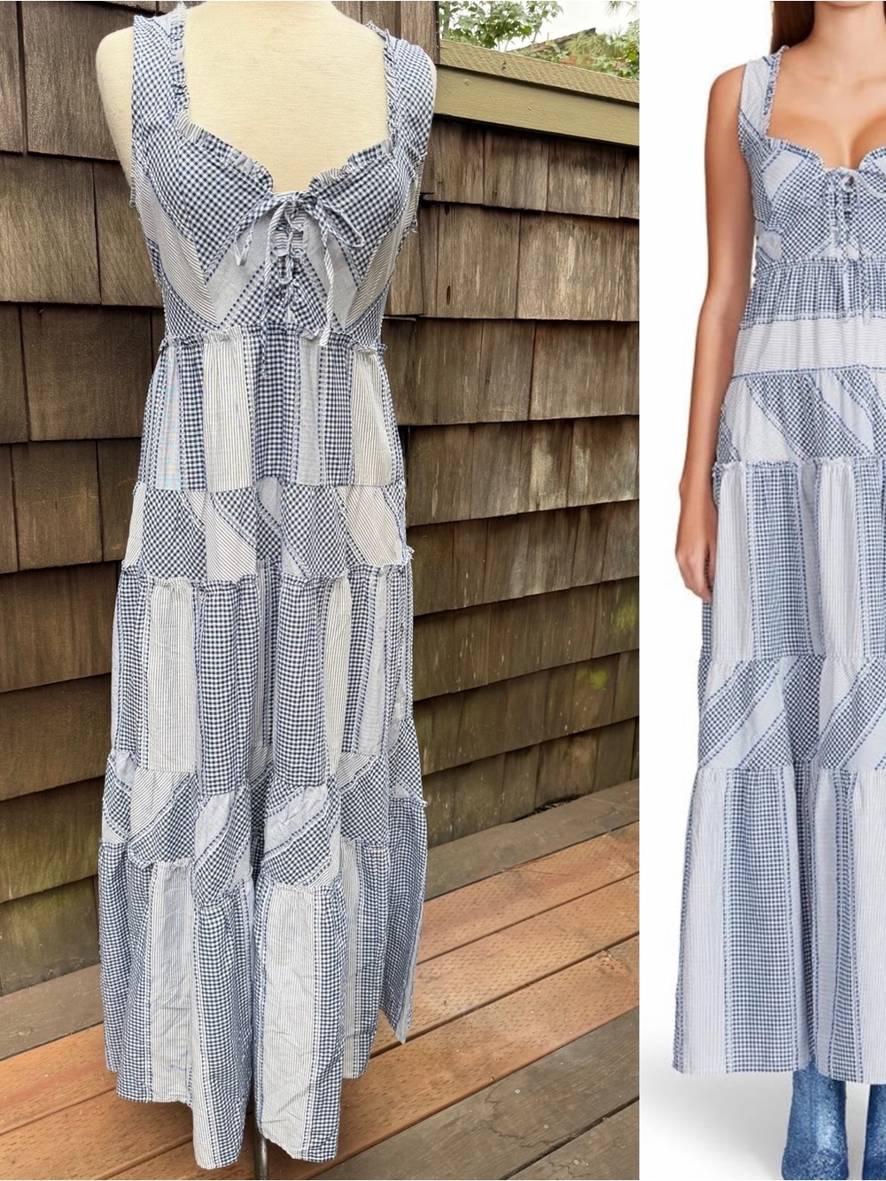 Betsey Johnson maxi dress tiered blue white checkers sleeveless cotton Sz M.